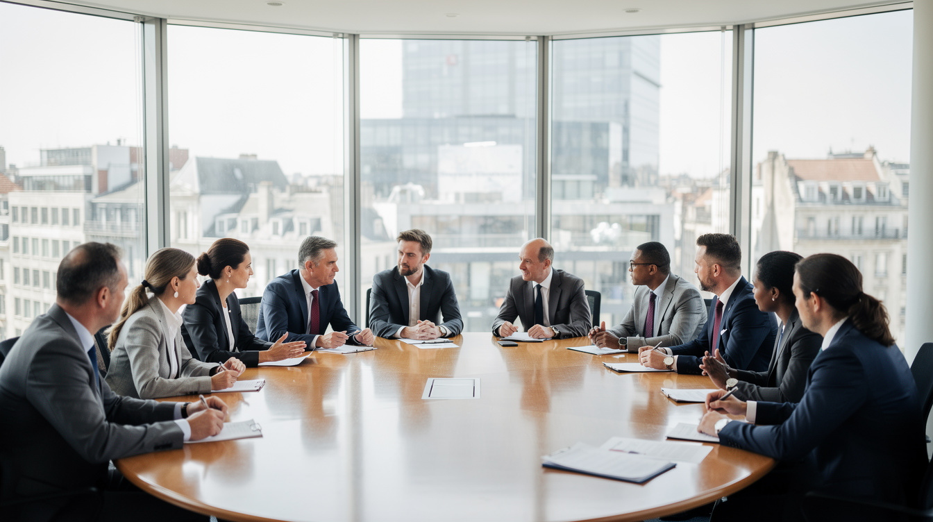 Executives seated around a wooden roundtable in a modern boardroom discussing strategy
