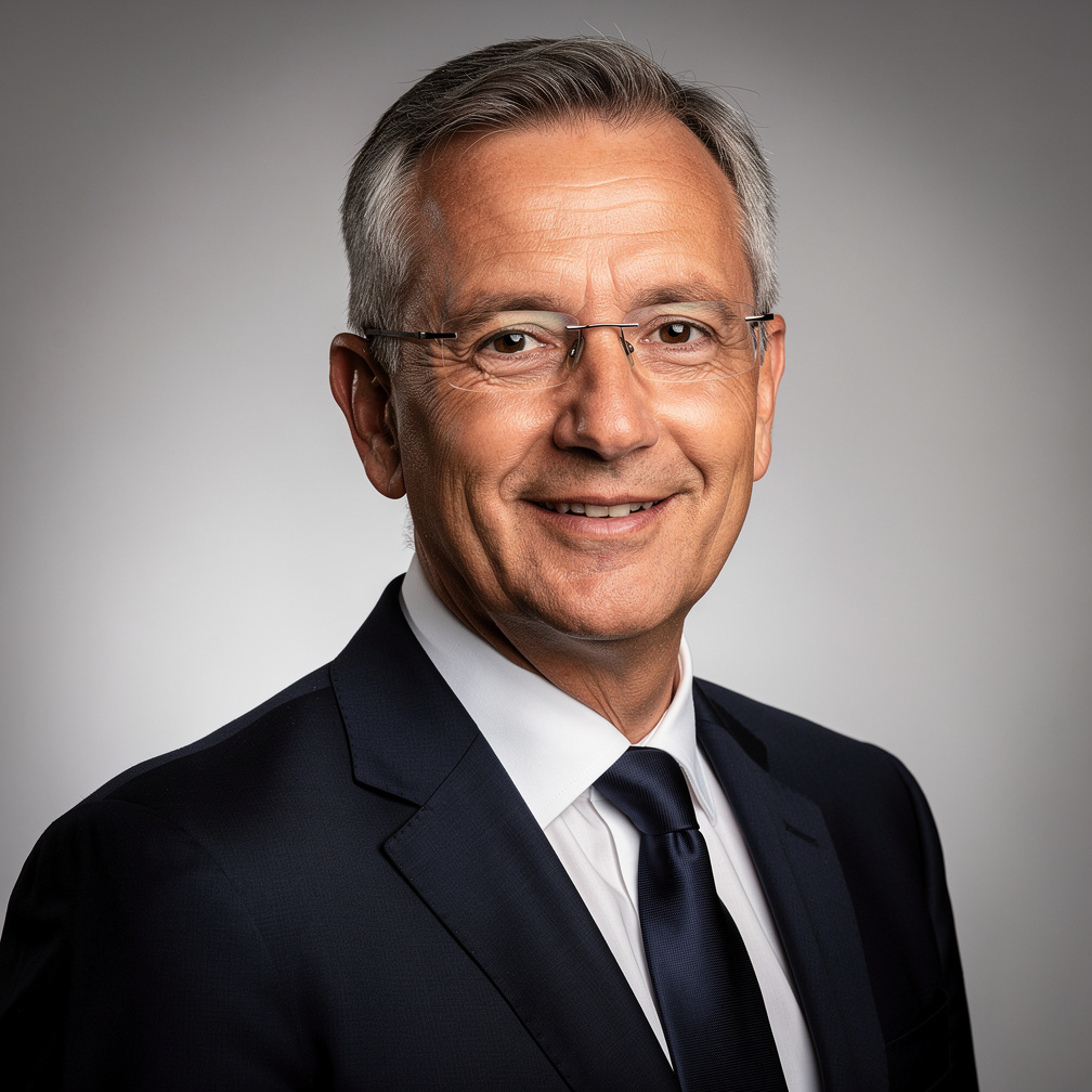 Portrait of a middle-aged European businessman with grey hair and glasses
